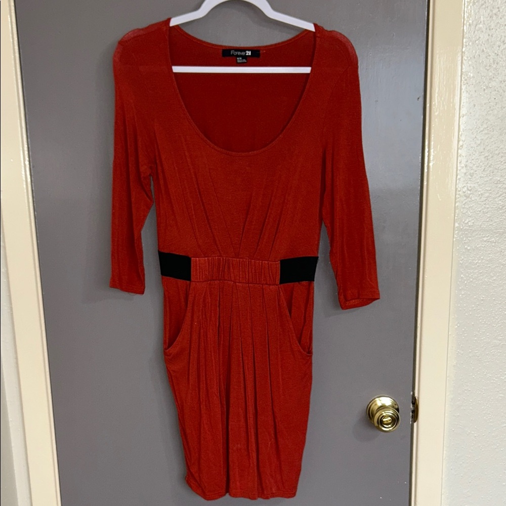 Forever 21 Brick Red Long Sleeve Scoop-Neck Dress with Black Waist Panels Medium